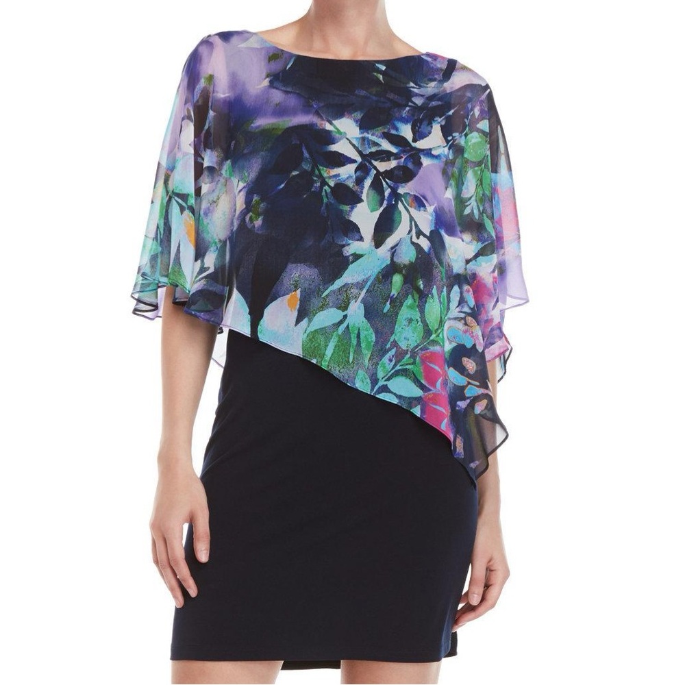 Laura Plus Navy Floral Chiffon Cape Overlay Dress